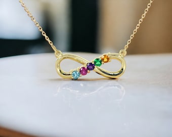 Infinity Family Birthstone Pendant 17" Necklace with 1 2 3 4 or 5 Stones in Sterling Silver or Solid 14k White Yellow or Rose Gold