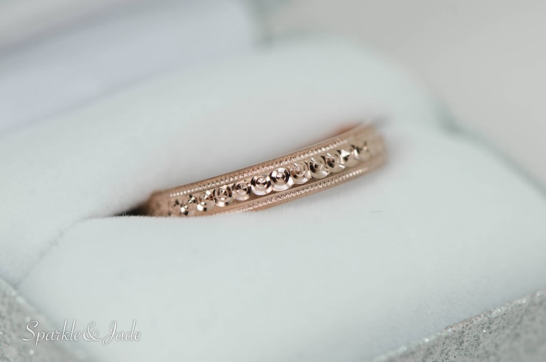 14K Rose Yellow or White Gold Solid 3mm Wide Sparkling Etched Design Wedding Eternity Band