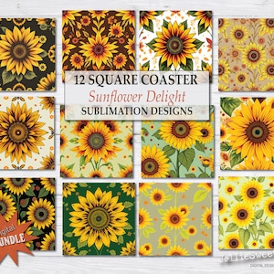 Sunflower Delight Coaster, Fall Autumn Pattern Images, Square Coaster PNG printable, instant download sublimation transfer graphic bundle