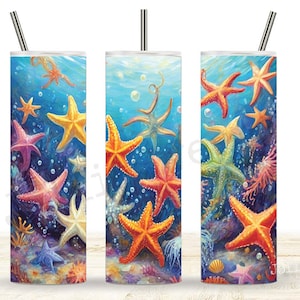 May include: A colourful tumbler featuring a design of starfish in various colours and sizes on a blue background. The tumbler has a straw and is ideal for summer.