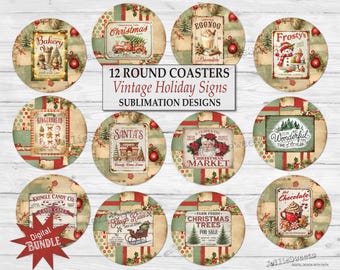 Julskyltar-set med underlägg, vintage juldesign, rund sublimering, digital nedladdning av PNG