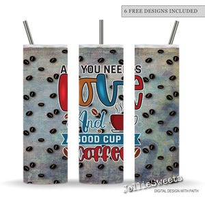 Puede incluir: Tres vasos altos y delgados con pajitas plateadas. Los vasos tienen un fondo gris texturizado con granos de café dispersos. El texto en los vasos dice "All You Need Is Love And A Good Cup of Coffee."