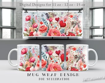 Modello di tazza floreale di San Valentino da 11 oz 12 oz 15 oz, PNG di design di sublimazione, modello di avvolgimento completo di tazza di sublimazione, involucro di tazza con motivo floreale