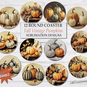Fall Round Coasters, Vintage Pumpkin Still Life Images, instant download Digital PNG printable File, Sublimation Design, car accessories