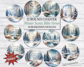 May include: Twelve round sublimation designs featuring winter scenes with bible verses. Each design includes a snowy forest, a lake, and a verse of scripture.