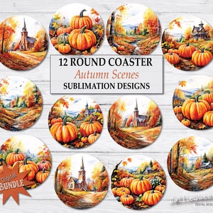 Fall Coasters Autumn Scene Images, Round Coaster PNG printable, instant download sublimation transfer graphic bundle, pumpkin church nature