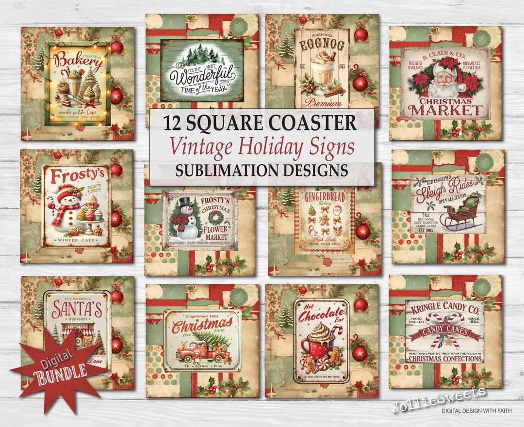 Holiday Signs Coaster Set, Vintage Christmas Design, Square Sublimation ...