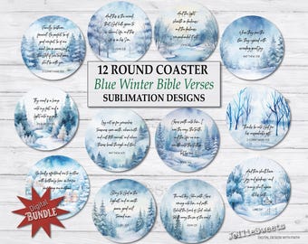 May include: Twelve round blue winter-themed coasters with bible verses. Each coaster features a watercolour design of a snowy forest scene with trees and a path. The verses are printed in white text on a blue background.