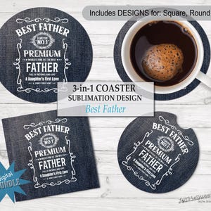 Meilleur père sous-bock, conception d'image en denim rétro vintage, sous-verre de voiture rond carré, image 3 en 1 imprimable en sublimation PNG