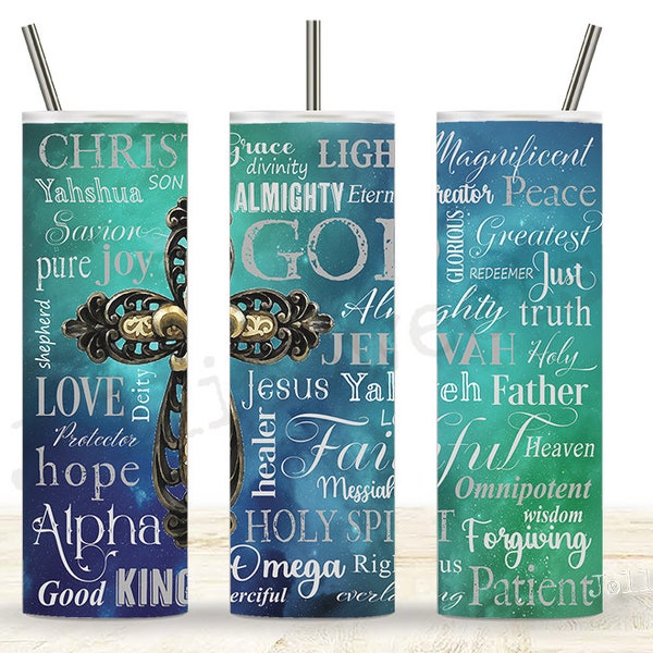 Names of God 20oz Skinny Tumbler Wrap, Faith Sublimation Design Download PNG Instant DIGITAL File, Names of Jesus Word Art Blue Green