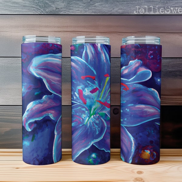 Cosmic Flower 20 oz Skinny Tumbler Wrap, Sublimation Design Digital Download PNG Instant DIGITAL File, Vibrant Purple Iris Flower