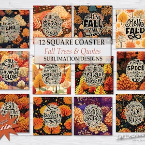 Posavasos PNG con árboles otoñales: diseños cuadrados de sublimación con frases otoñales (descarga digital)