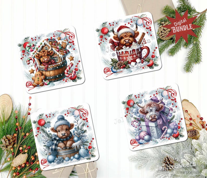 Julunderlägg med höglandskor, juldekor, fyrkantig sublimering (digital nedladdning av PNG) bild 2