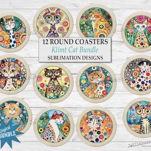 May include: A set of 12 round coasters featuring colorful cat designs in the style of Gustav Klimt. Each coaster showcases a unique cat portrait with intricate patterns and vibrant colors. The text "Klimt Cat Bundle" is visible.