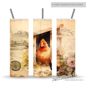 May include: Three stainless steel insulated tumblers with a vintage farm theme. Each tumbler features a different design, including a watercolor chicken, a rural landscape, and floral accents. The text "6 FREE DESIGNS INCLUDED" is visible.