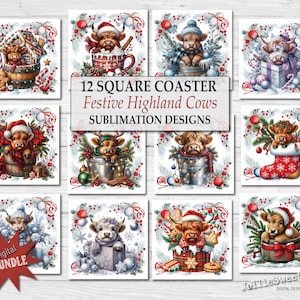 Peut inclure: Ensemble de 12 motifs de sublimation pour dessous de verre carrés avec des vaches des Highlands festives. Chaque motif présente une vache des Highlands dans un cadre de vacances, entourée de décorations de Noël. Le texte "12 SQUARE COASTER Festive Highland Cows SUBLIMATION DESIGNS" est inclus.