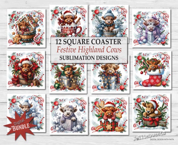 Holiday Highland Cows Coaster Set, Christmas festive Cow design, Square Sublimation (PNG Digital Download)