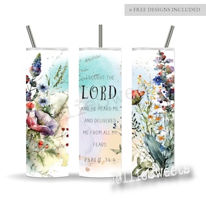 Bible Verse Tumbler Wrap, Wildflower Psalm 34:4 Scripture Wrap, 20 oz Skinny Faith Sublimation Design, Instant DIGITAL Download PNG graphic