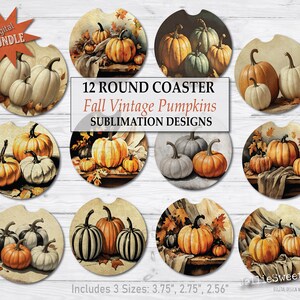 Fall Pumpkin Car Coaster PNG, Vintage Still Life, Round Sublimation Design (Digital Download)