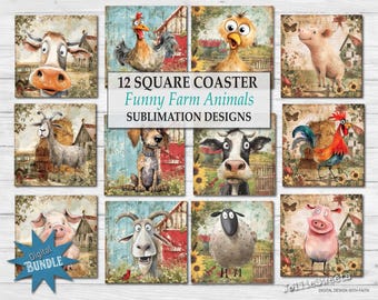 May include: A collection of 12 square coasters featuring whimsical watercolor illustrations of farm animals. The coasters include images of a cow, rooster, chicken, pig, goat, dog, and sheep. The text "12 SQUARE COASTER Funny Farm Animals SUBLIMATION DESIGNS" is displayed.