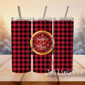 Christmas Red Plaid 20oz Skinny Tumbler Wrap, Sublimation Design Download PNG Instant DIGITAL File, Christmas is all about Jesus Buffalo Red