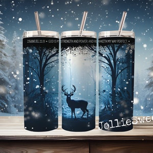 Deer Snowy Night Bible Verse Wrap, 2 Samuel 22:33 Strength Tumbler Wrap, 20oz Skinny, Faith Sublimation Design Download PNG Instant DIGITAL
