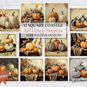 Posavasos de otoño, imágenes de naturaleza muerta de calabazas vintage, posavasos cuadrados PNG imprimibles, paquete de gráficos de transferencia por sublimación de descarga instantánea