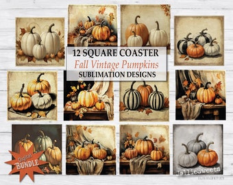 Sottobicchieri autunnali, immagini di natura morta di zucca vintage, sottobicchieri quadrati PNG stampabili, bundle di grafica per trasferimento a sublimazione con download immediato
