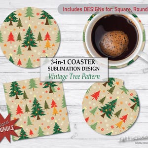Vintage Holiday Tree Coaster: 3-in-1 Sublimation Design (PNG, PDF)