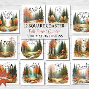 Posavasos cuadrados de otoño, escenas y citas de bosques otoñales, archivo PNG digital de posavasos cuadrados, diseño de arte de sublimación de descarga instantánea, accesorios para automóviles