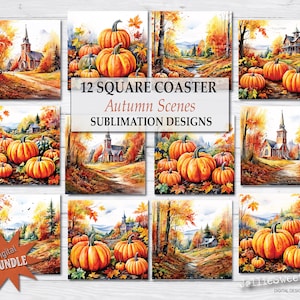 Posavasos de otoño Imágenes de escenas otoñales, posavasos cuadrados PNG imprimibles, paquete de gráficos de transferencia por sublimación de descarga instantánea, naturaleza de iglesia de calabaza