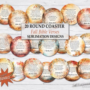 May include: Twenty round sublimation designs featuring autumn-themed watercolour backgrounds with Bible verses. The designs are ideal for creating coasters, mugs, or other home decor items.