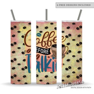 Puede incluir: Tres vasos altos y aislados con pajitas de acero inoxidable. Cada vaso presenta un diseño con granos de café y la frase "Coffee Before Talking". El fondo tiene un efecto texturizado, similar a la acuarela, en rosa y amarillo.