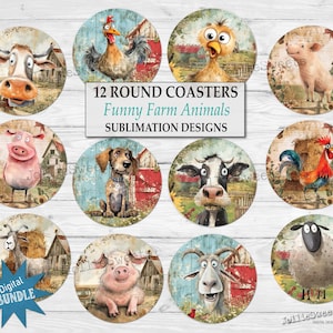 May include: A collection of 12 round coasters, each with a unique watercolour illustration of farm animals. The designs include a cow, pig, and chicken, set against a backdrop of a barn. The text "Funny Farm Animals" is visible on the coasters.
