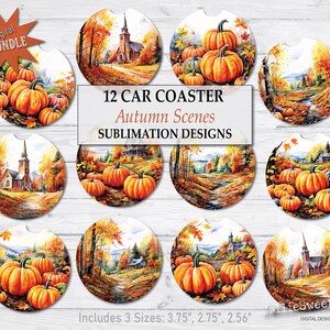 Fall Car Coaster, Autumn Scene Images Car Coaster, PNG printable instant download sublimation transfer graphic bundle, pumpkin church nature