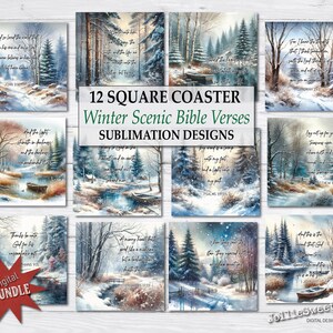Winter Mountain Bible Verse Coaster PNG: Square Sublimation (Digital Download)