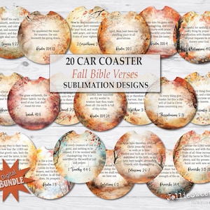 May include: Twenty sublimation designs for car coasters featuring fall-themed imagery and Bible verses. The designs include autumn leaves, trees, and a variety of colors, including brown, orange, yellow, and red. Each coaster features a different Bible verse, such as "While the earth remaineth, seedtime and harvest, and cold and winter, and day and night shall not cease." (Genesis 8:22).