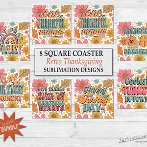 Posavasos retro de otoño, frases de Acción de Gracias, posavasos cuadrados PNG imprimibles, paquete de gráficos de transferencia por sublimación de descarga instantánea