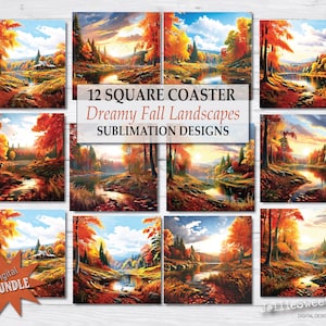 Posavasos de otoño, imágenes de paisajes de ensueño, posavasos cuadrados PNG imprimibles, paquete de gráficos de transferencia por sublimación de descarga instantánea, paisajes otoñales
