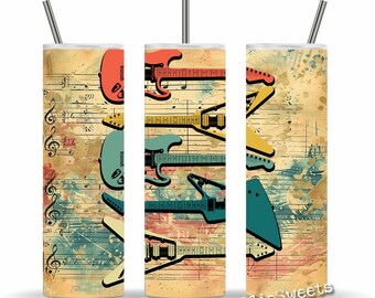 May include: Three stainless steel insulated tumblers with a musical theme. Each tumbler features a design of colorful guitars layered over sheet music. The background has a vintage, distressed look with watercolor-style splashes. The text "6 FREE DESIGNS INCLUDED" is visible.