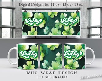 St Patrick's 11oz 12oz 15oz mok sjabloon sublimatie ontwerp PNG, sublimatie mok volledige wrap sjabloon, retro Lucky Green Shamrock Tumbler wrap