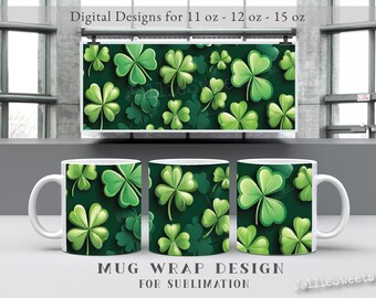 St Patrick's Day 11oz 12oz 15oz mok sjabloon sublimatie ontwerp PNG, sublimatie mok volledige wrap sjabloon, Shamrock patroon mok wrap