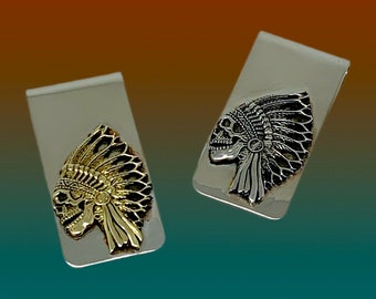 Indian Skull Money Clip in Nickel Silver with White or Yellow Brass Cats by 100mics