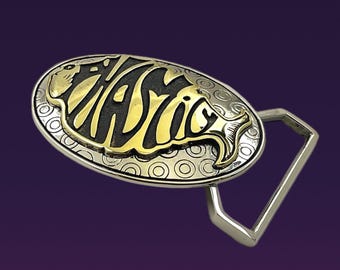 Hebilla Phish Phamily fundida en latón blanco y amarillo.