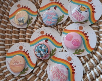 Button badges pins, 90s retro positive vibey 1 inch pins, girlie cute disco