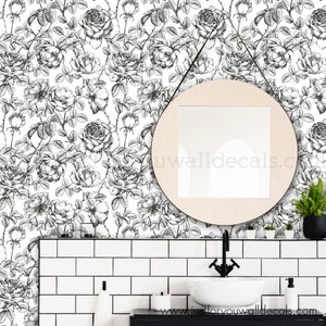 Floral Wallpaper, Rose wallpaper, Removable wallpaper, Black and White Wallpaper, Black White Flower Wallpaper, Peel and Stick, 30-0004