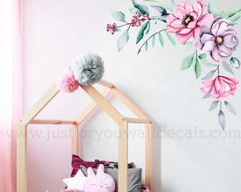 Flower Wall Decal, Corner Floral Wall Decal, Nursery Wall Decals, Girls Room Wall Decal, Watercolor Flower Wall Decal, Wall Decal 04-0022