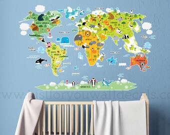 Map of World Wall Decal, Kids Map Wall Decal, Map Wall Decal, Map with Animals Wall Decal, Playroom Wall Decal, Nursery Wall Decal, 16-0001