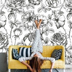 Floral Wallpaper, Nursery Wallpaper, Removable wallpaper, Kids Wallpaper, Rose Black and White Wallpaper, Peel and Stick Wallpaper 30-0004