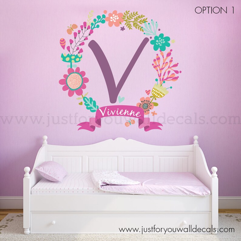 Monogram Wall Decal Flower Wall Decal Name Wall Decal Etsy